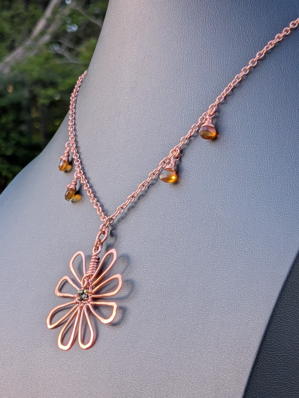 Adjustable Copper Flower Necklace Rare Cognac Quartz Gemstone Drops - Picture 4 of 16